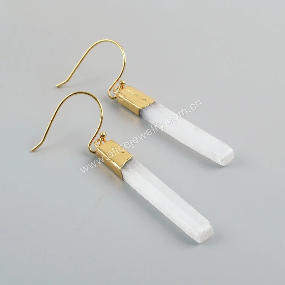 Selenite Long Bar Dangle Earring Golden Plated Natural Stone Piercing Earrings For Women Party Jewelry Accessories Wholesale