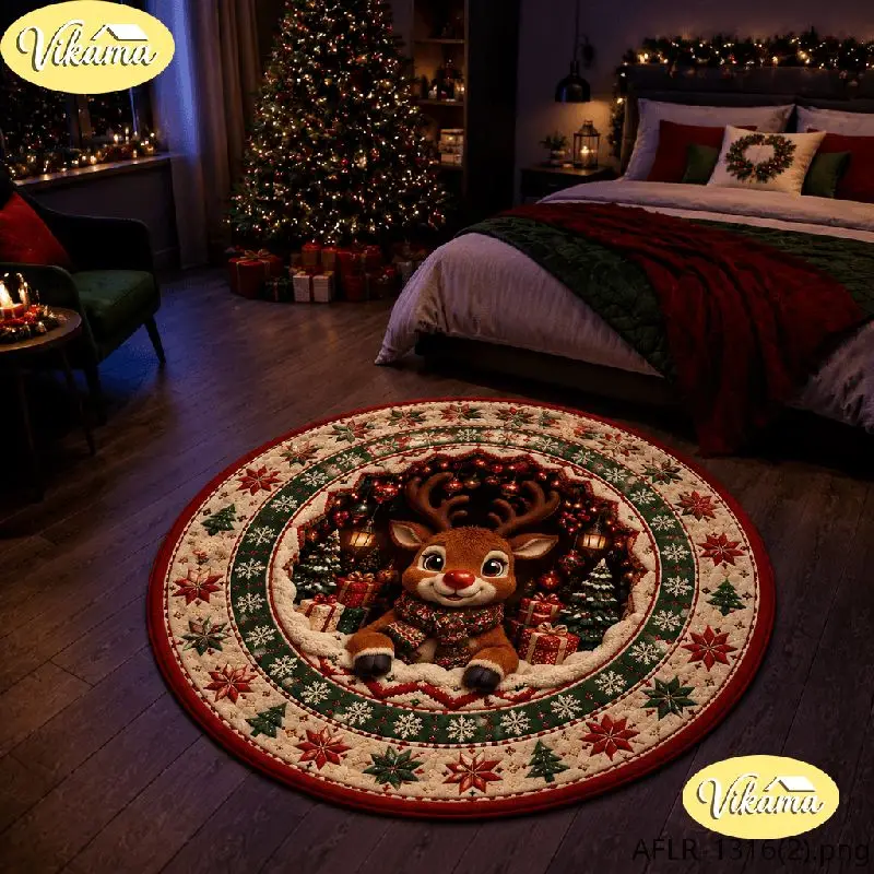 VIKAMA Christmas Round Rug Red Nose Reindeer Rudolph Gifts Area Rug Living Room Holiday Home Decor Aesthetic Art Large Premium