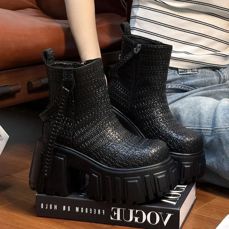 

ZHUOFU Ankle Boots for Women Fashion Height-increasing 10cm Autumn Winter Design Woven Stripes PU Leather Shoes Boots Female