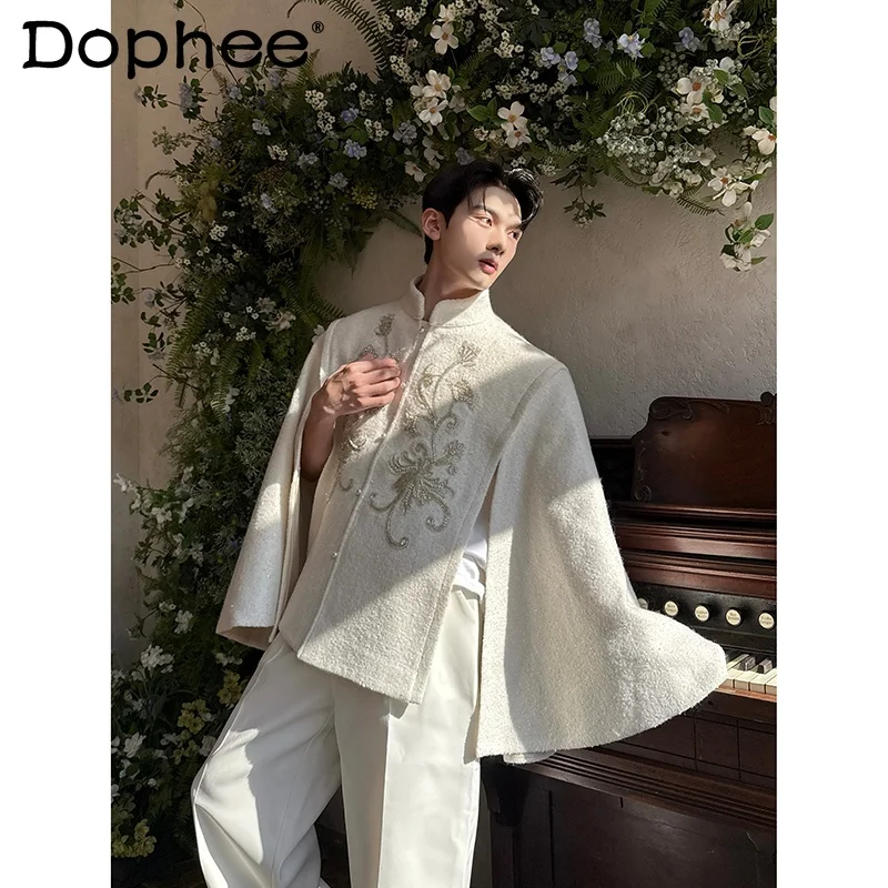 

Men's 2025 Autumn Winter New Light Luxury Embroidered Beaded Floral Decoration Cape Shawl Style Coats Trendy Thickened Jackets