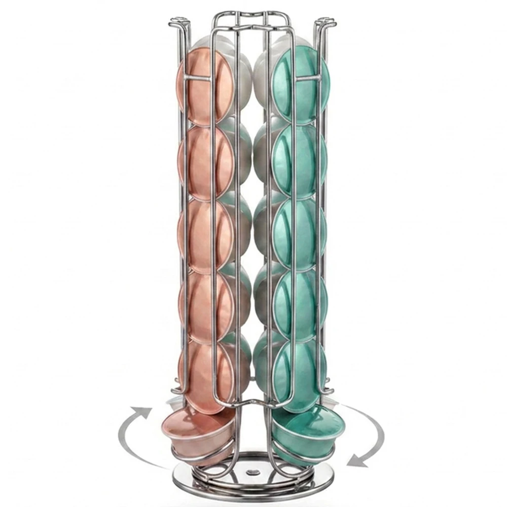 360° Carousel Coffee Pod Holder Compatible with Dolce Gusto Capsules, 24/32 Pods Capacity, Rotating Display Metal Wire Rack