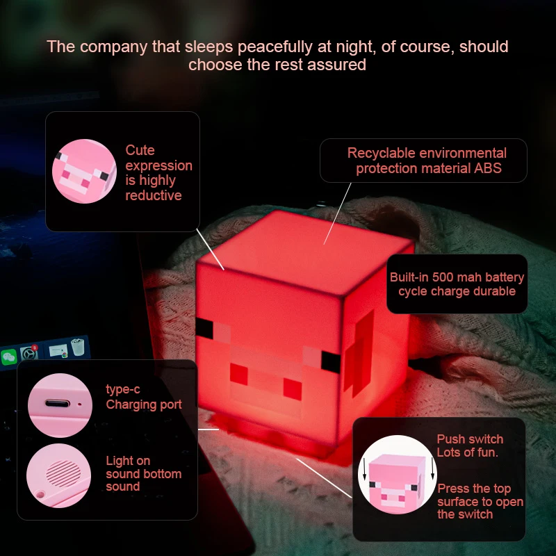 MC Game Pig Light With Sound Officially Licensed Handheld Night Light And Fun Toy For Kids Room Decor Gift For Gamers