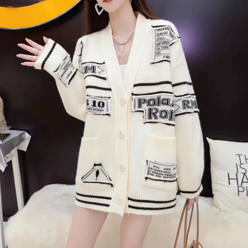 سترة المرأة الرجعية البلوزات معاطف محبوك الخامس الرقبة كم كامل لاعبا الشارع الشهير أنيقة مفتوحة Stith عادية فضفاض الخريف الشتاء