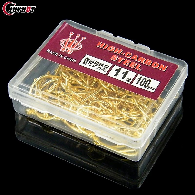 100pcs/box High Carbon Steel Golden Color Fly Fishhook With Ring Tube Pay Iseini Hooks Barbed Sea Fishing Hooks Tackle