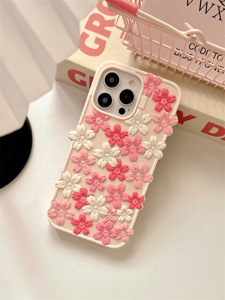 Piękne etui na telefon z miękkiego silikonu z motywem kwiatów wiśni dla iPhone'a 16 Pro Max 17 15 13 14 12, modne, urocze, kwiatowe etui na tył telefonu. — zdjęcie produktu 4