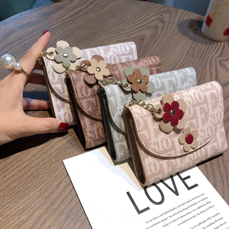Women PVC Short Wallet Inside Genuine Cow Leather Card Holder Money Clip with Flowers Letters Lovely Cute Small Purse 7Z