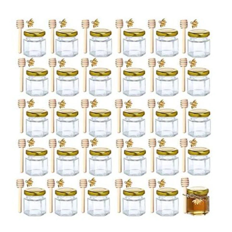 

1.5oz Hexagon Mini Glass Honey Jars With Wood Dipper Gold Lid Bee Pendants Jutes for Baby Shower Wedding Favors Party Favors