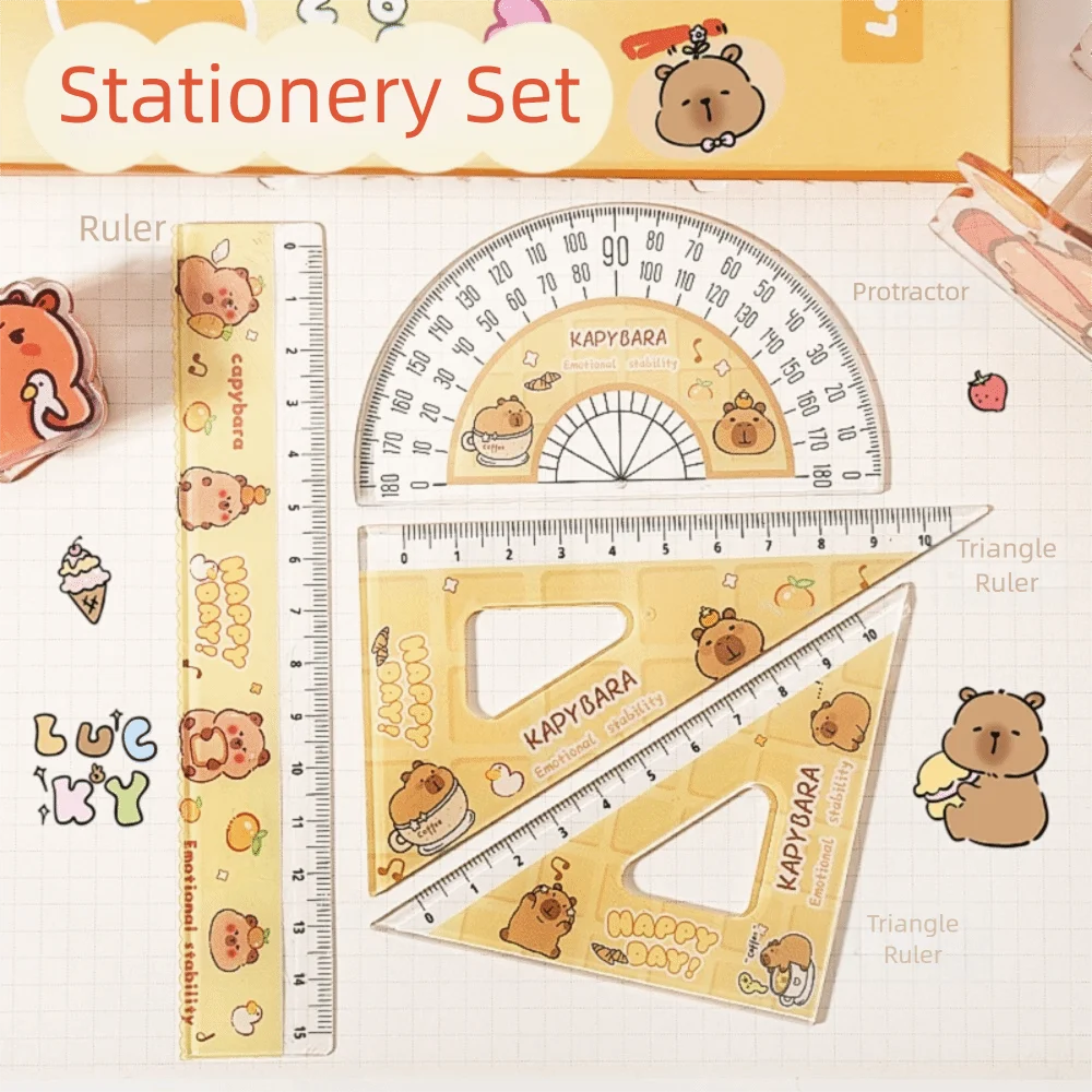 4pcs/set Creative Acrylic Capybara Set of Rulers Office Supplies Drawing Tools Straight Ruler Cute Cartoon Protractor