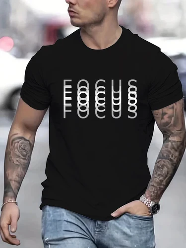Camiseta informal sencilla y versátil con estampado de letras Focus para hombre, camiseta de moda con cuello redondo, talla asiática, 100% algodón