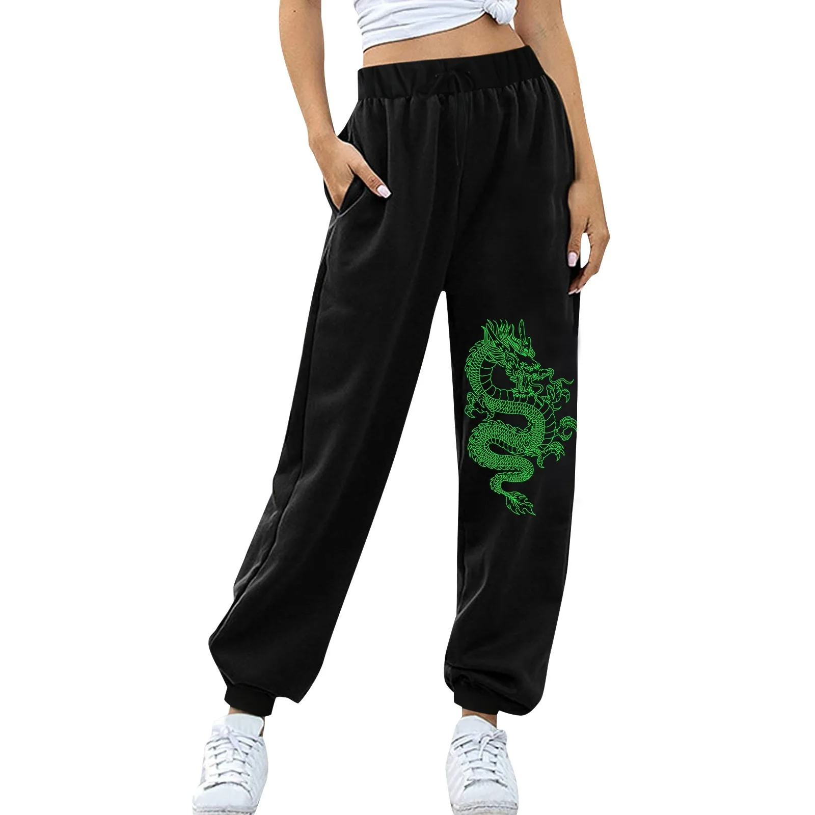 Dragon Printed High Waist Ankle-Tied Womens Pants Slight Strech Elastic Waist Ankle-Length Females Trousers Chinese Style