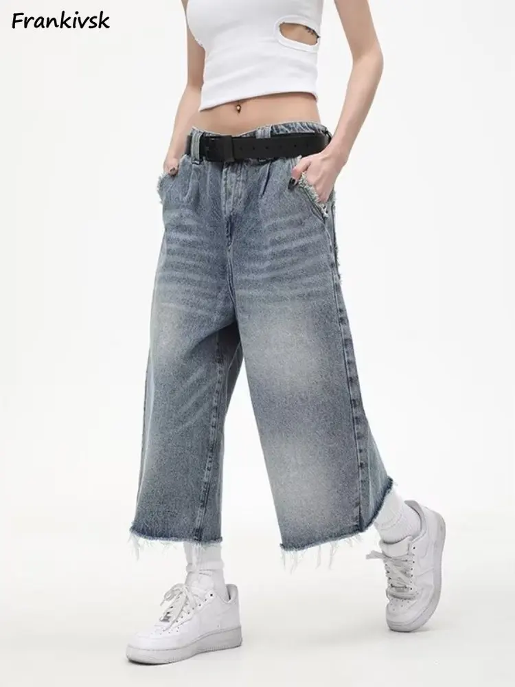 

Calf-length Jeans Women Vintage Summer Fashion Baggy Wide-leg Denim Trousers Korean Style College Teens Popular High Street Chic