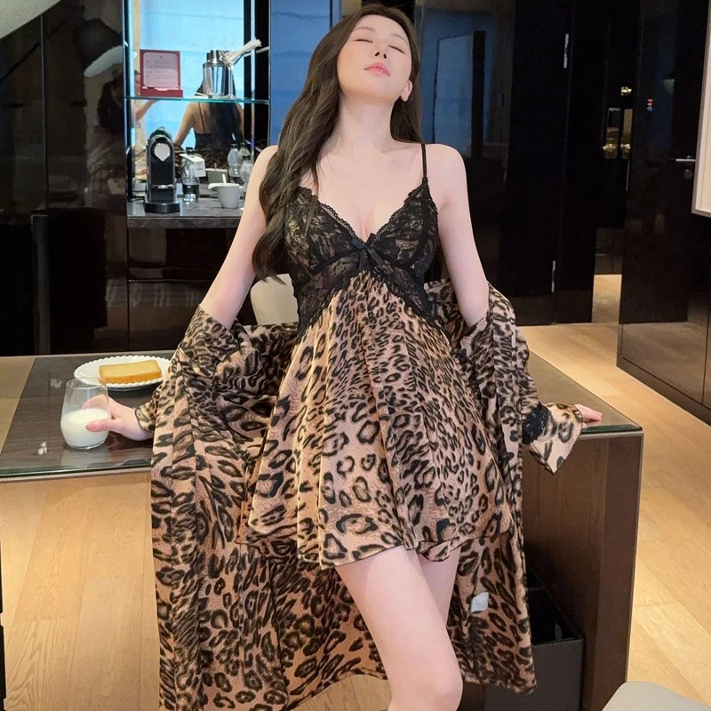 2026 Summer 2PCS Sexy Lace Lingerie Silk Satin Nightgowns Robes Sets For Women Korean Bathrobes Sleepwear Nightdress Night Dress 6