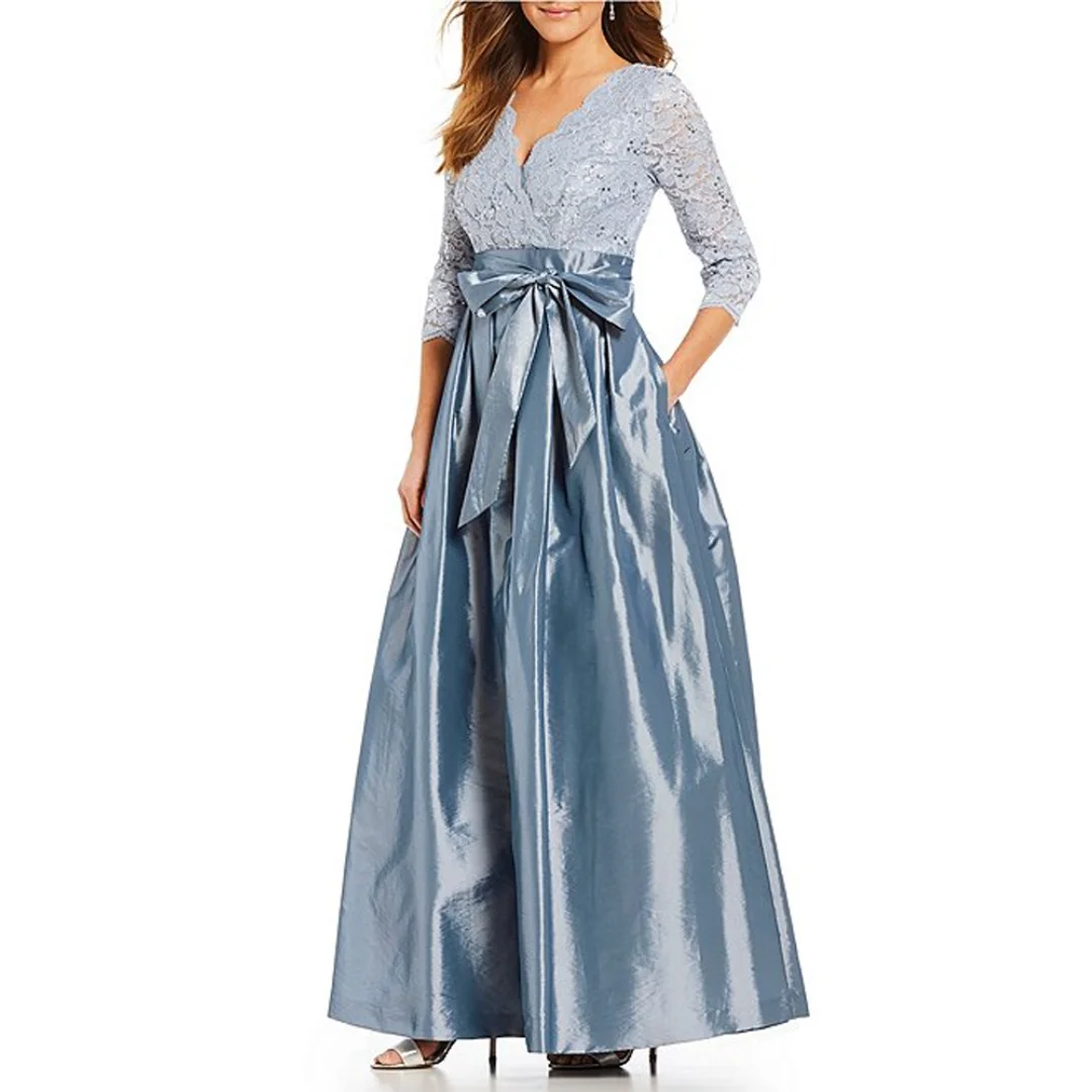 Robe en satin et dentelle bleue personnalisée pour la mère de la mariée, élégante, décolleté en V, manches longues, ceinture à nœud, mariages, événements formels