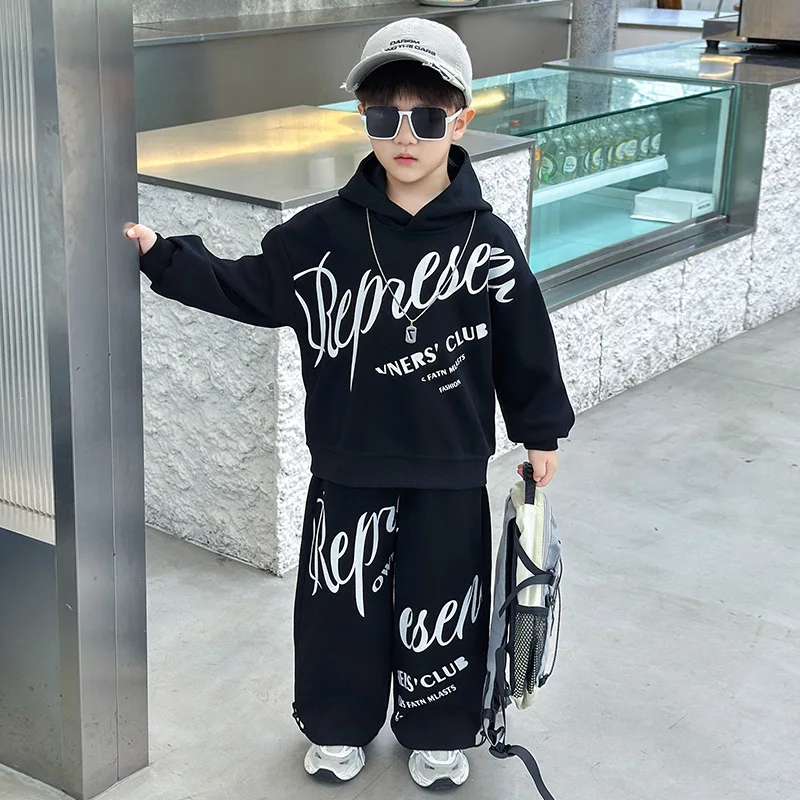 2-pcs Autumn Youth Fashion Letter Set 2-10Year Old Boys Simple and Versatile Letter hoodie Sweatshirt+Pants Suit Kids Tracksuit