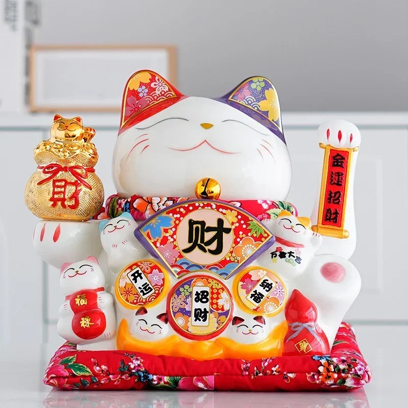 10.2 Inch Large Lucky Cat Ornaement Maneki Neko Ceramic Beckoning Cat with Movable Arm Porcelain Figurine Decoration Statue