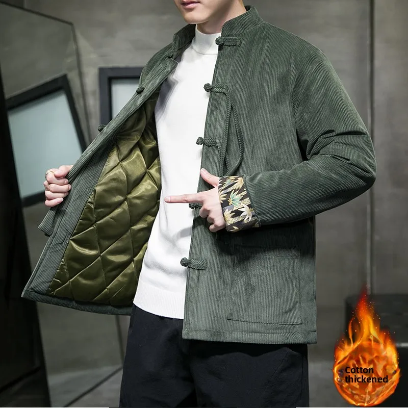 

New Chinese Sle Thiened Cotton Jaet Men's Winter Coat Retro Button Corduroy Outerwear Trendy Brand Youth Casual Wear
