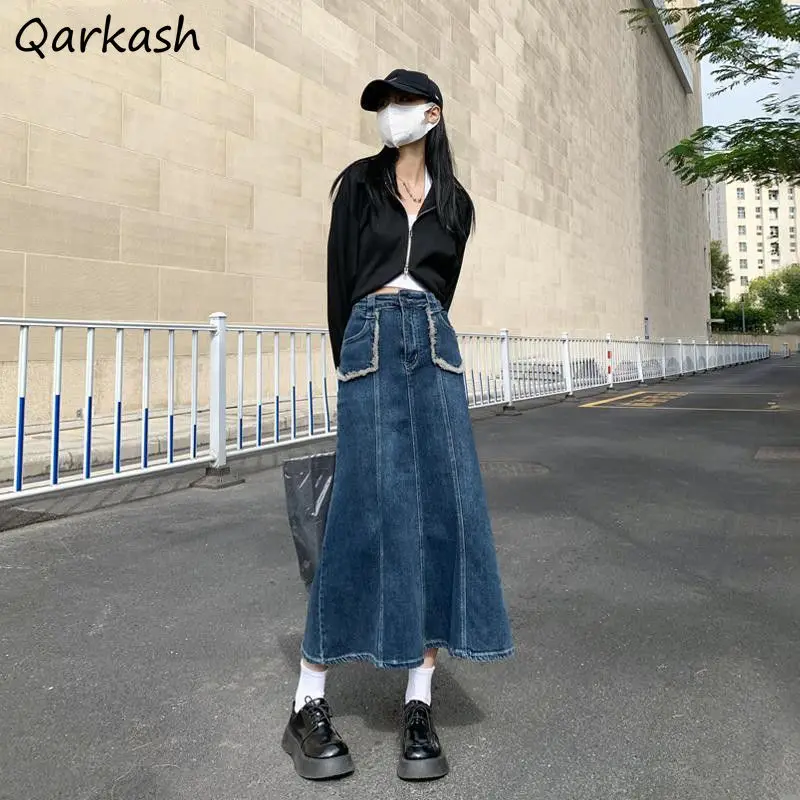 

Denim Skirts Women Bright Line Trumpet Cool Streetwear Korean Style College Young Retro Gentle Casual Prevalent Ins Chic Faldas