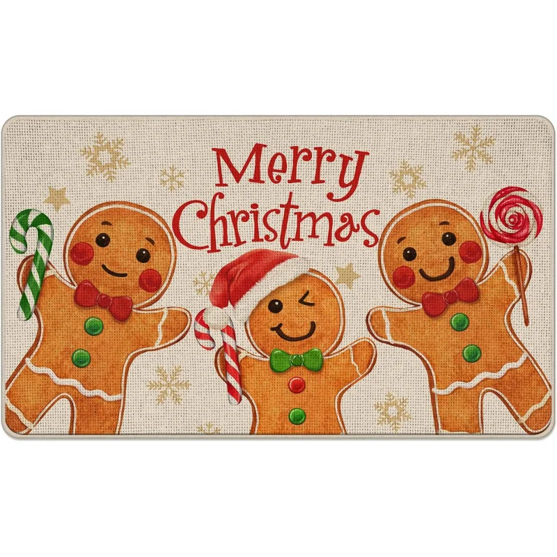 Merry Christmas Gingerbread Man Decorative Front By Mat, Xmas Peppermint Candy Doormat Indoor Outdoor Non-Slip Floor