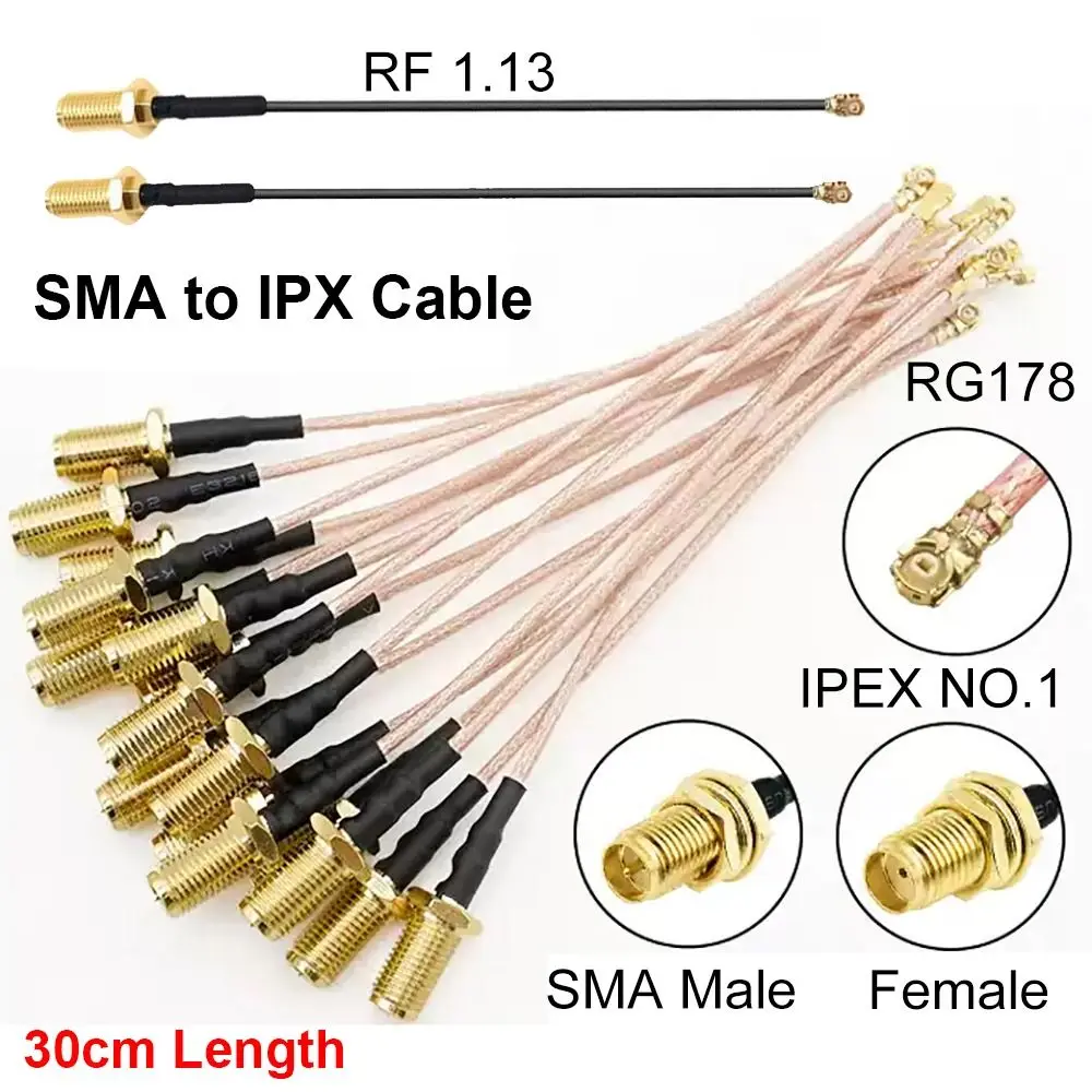 1Pcs 30cm SMA to IPX Cable RF1.13 1.13mm Coax Pigtail Jumper Cable RG178 RP SMA Female Coaxial Cable Adapter