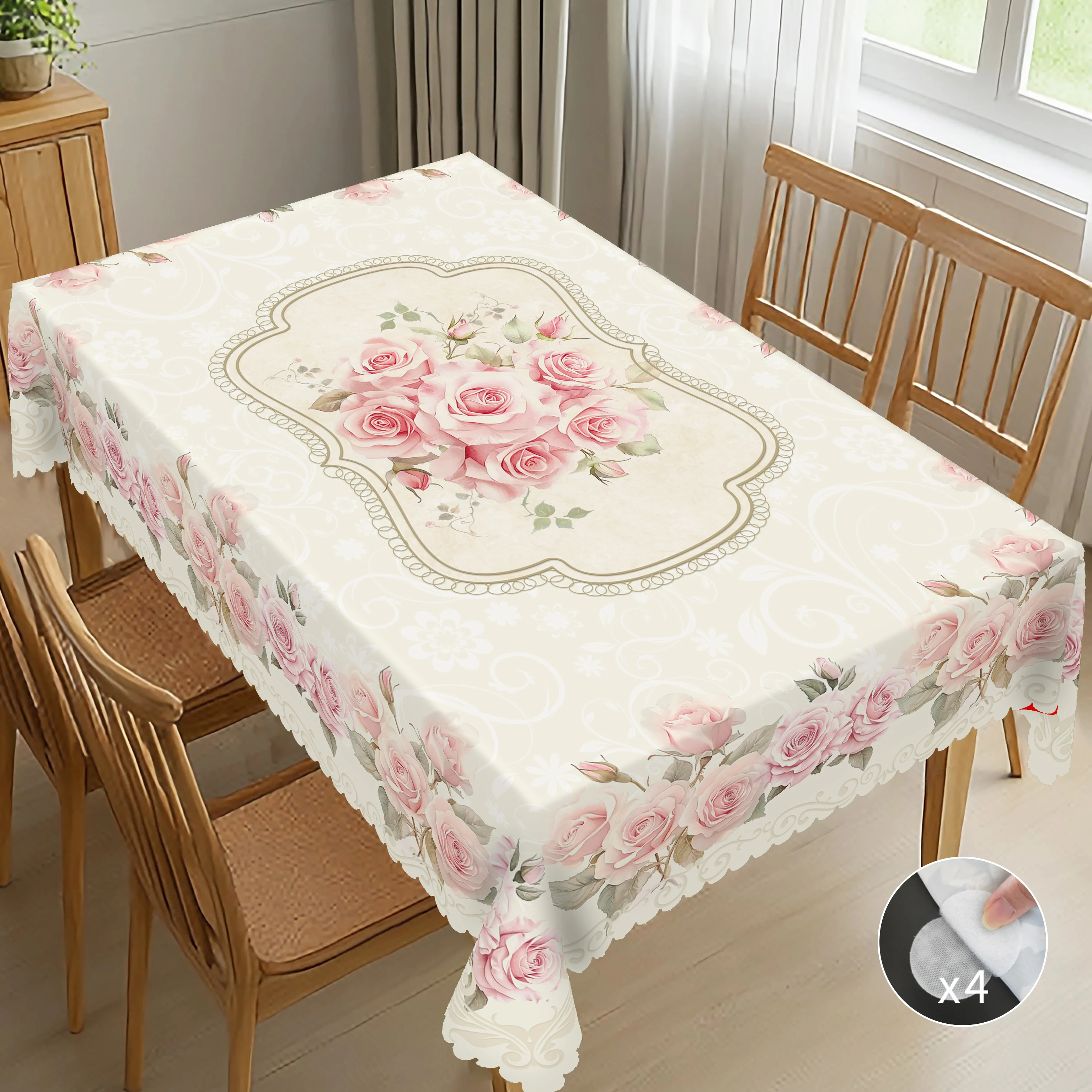 1 Piece Spring Round and Square Tablecloth + 4Pcs Self-Adhesive, 5 Sizes, Retro Rose Design Pattern Printed Decorative Tablecloth, Mother's Day/Memorative Party Flower Theme, Spring and Summer Decoration, Tablecloth for Home Kitchen, Picnic, Gift