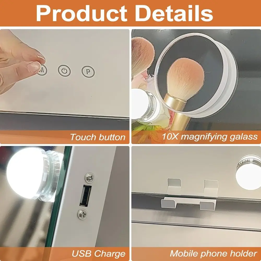 22 LED-beleuchteter Schminkspiegel, 3 Modi, 10-fache Lupe, 360 °   Rotation, Touch-Steuerung, Weiß