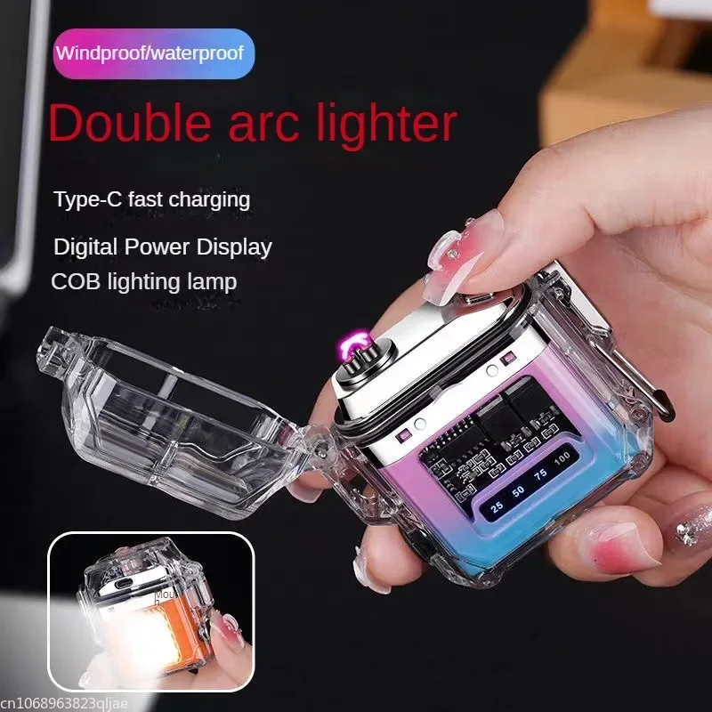 Electric Lighter Outdoor Waterproof Arc Lighter With Transparent Housing Power Display Screen Rechargeable Lighter Necessities