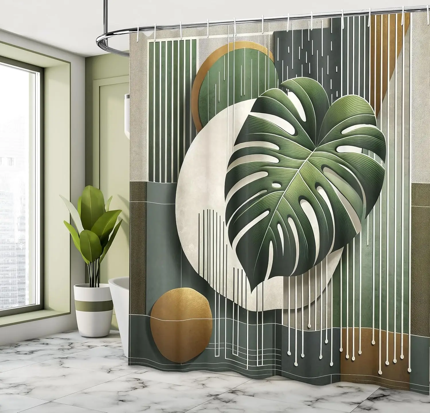 

Зеленая занавеска для душа, детальный лист монстеры середины века с линиями и круглыми прямоугольниками, тканевая ткань для ванной комнаты D