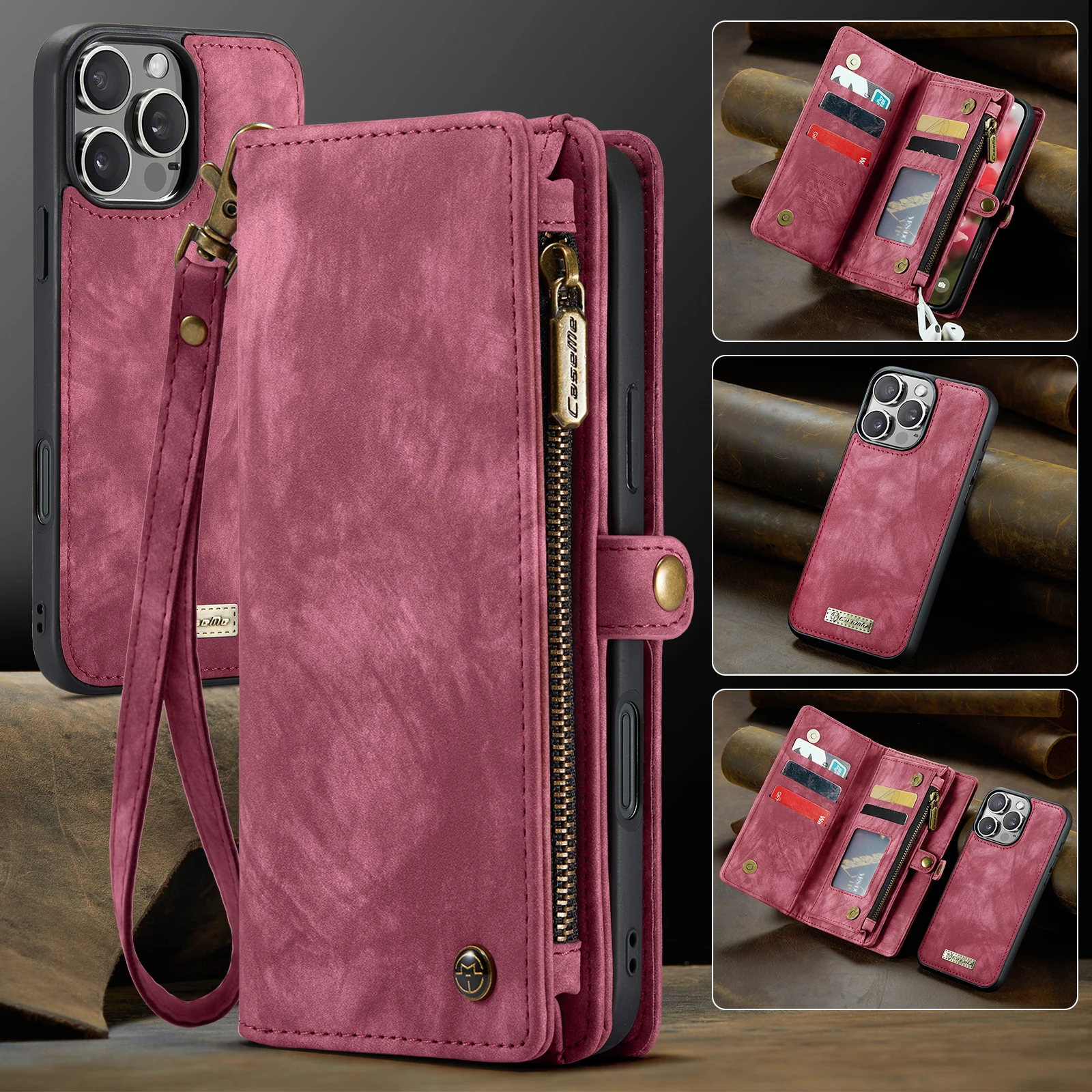 

Multifunction 2 in 1 Cover For iPhone 11 12 13 14 15 16 Pro 7 8 Plus XR XS Max Flip Leather Zipper Purse Cash Clutch Wallet Case