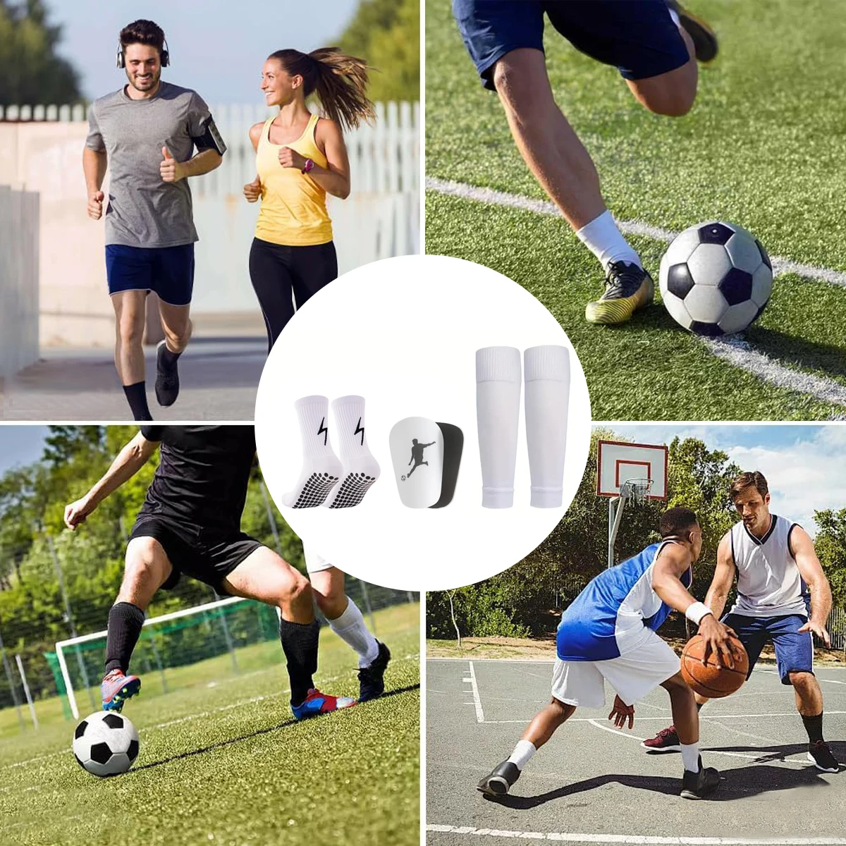 Juego de 3 piezas para adultos, calcetines de tubo corto gruesos, conjunto de correa de placa protectora de pierna para hombres y mujeres, dispensación de calcetines antideslizantes de Dios