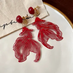 Red Koi Fish Clip on Earrings for Women Hollow Metallic Goldfish Ear Clip Earrings with No Piercing Ear Jewelry Lucky Gifts
