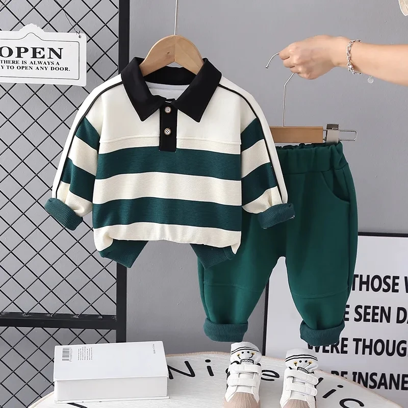 

Spring and Autumn Boys Baby Sweater Set 2023 New Children's Long Sleeve Striped T-shirt Pants Two Piece Set