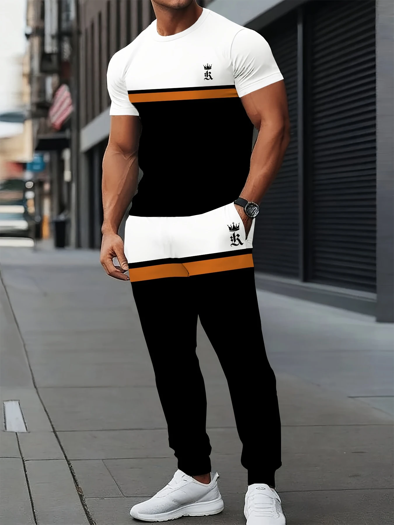 

Men's Autumn 3D Quick Dry Breathable Letter Print Street Comfortable Fashion Minimalist T-Shirt Drawstring Pants Two Piece Set