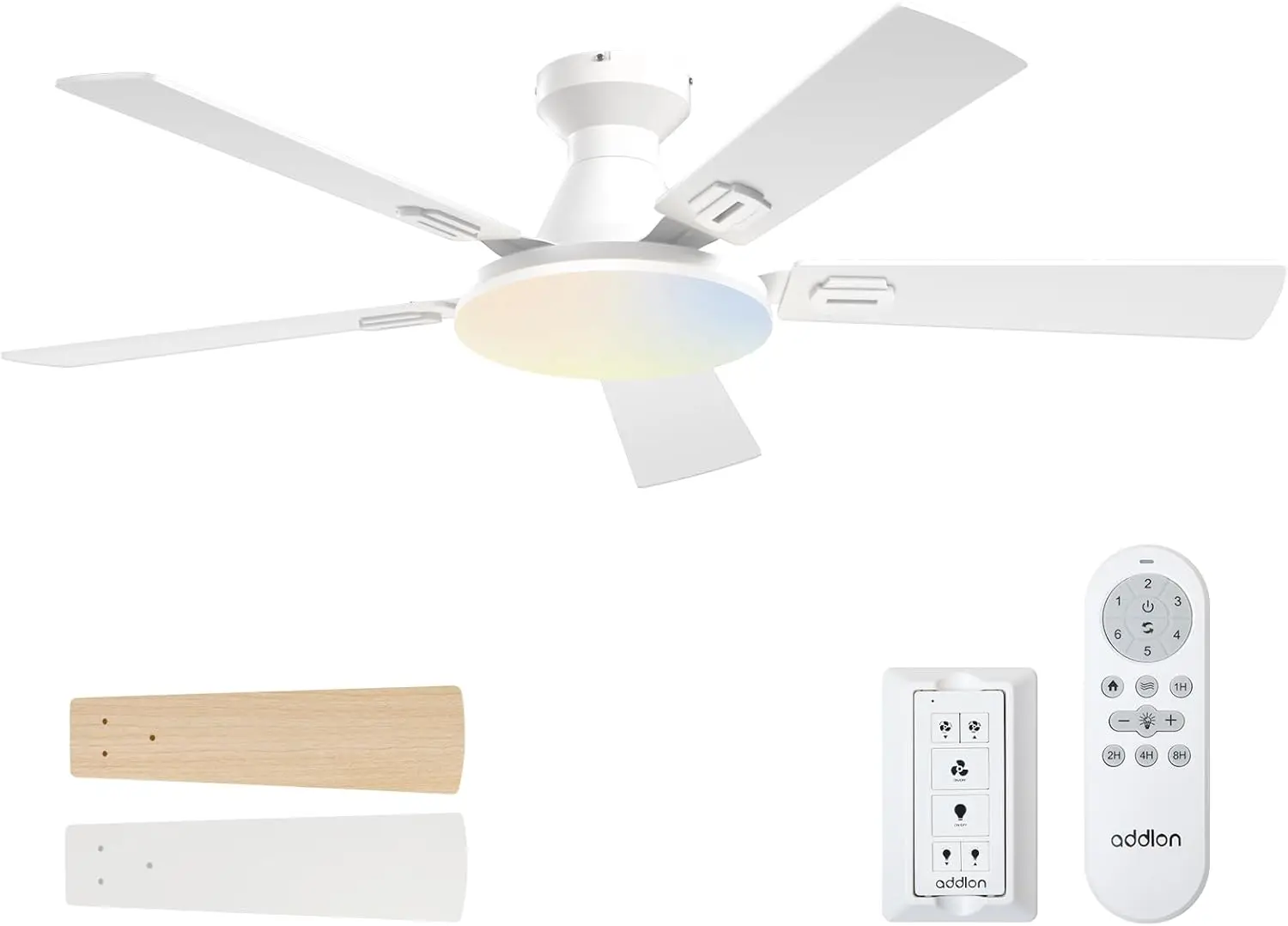 

Flush Mount Ceiling Fans with Lights Remote Control 52 Inch Low Profile Reversible Dimmable 5CCT Noiseless DC Motor White for Be
