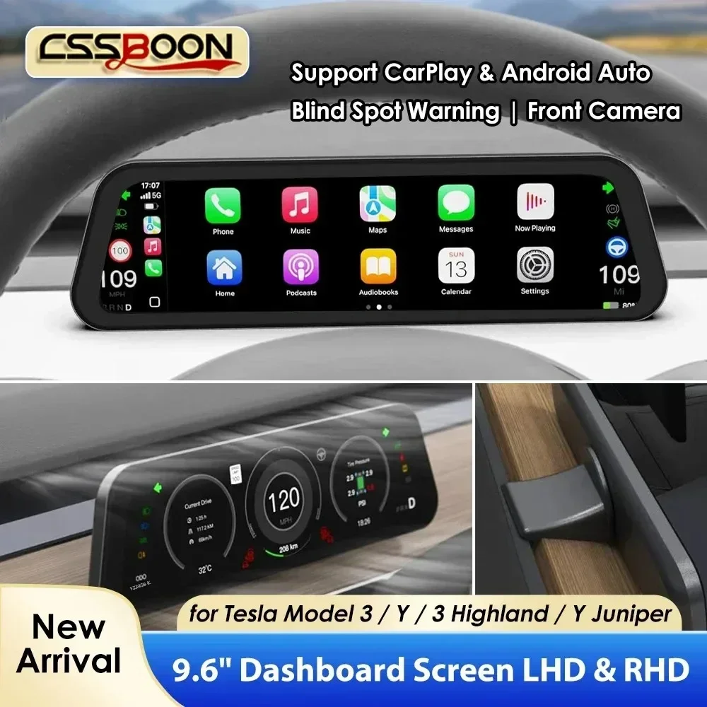 

CSSBOON Dashboard Heads Up Display 9.6 Inch Support CarPlay Android Auto Screen Display for Tesla Model 3 Y 2016-2025