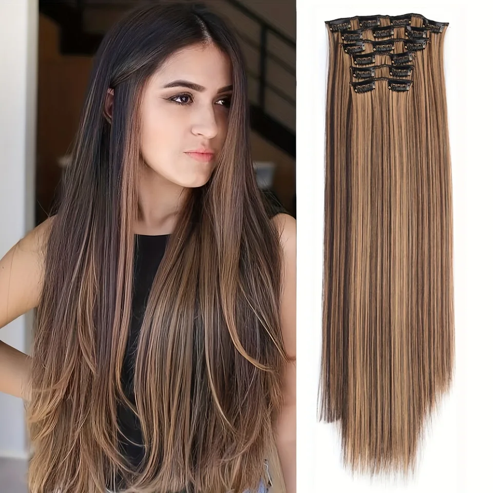 Extensiones de Cabello con Clip Gruesas Largas con Weft de Encaje Ligero Sintéticas para Mujer Café con Leche 2