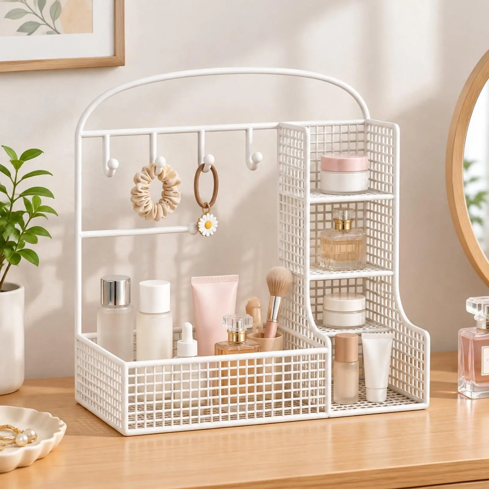 Stainless Steel Key Display Rack for Entryway Console and Office Desk with Open Grid Shelves and Hooks for Daily Storage