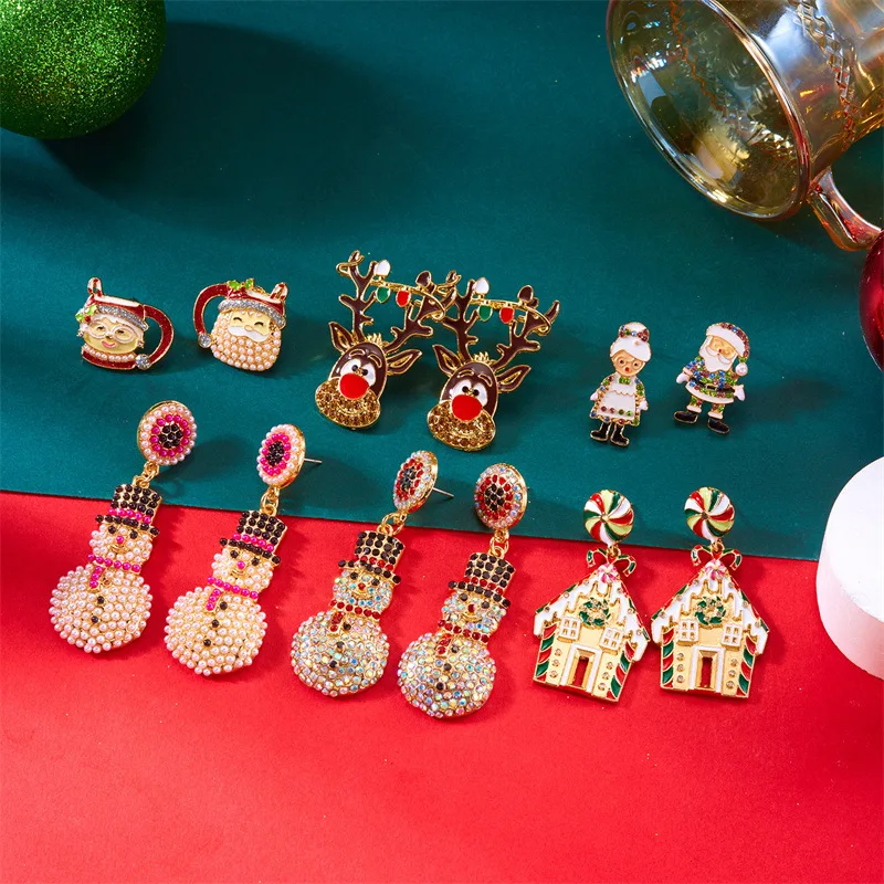 Hot sale 25 years of new Christmas element earrings cartoon diamond light luxury Santa Claus Christmas earrings