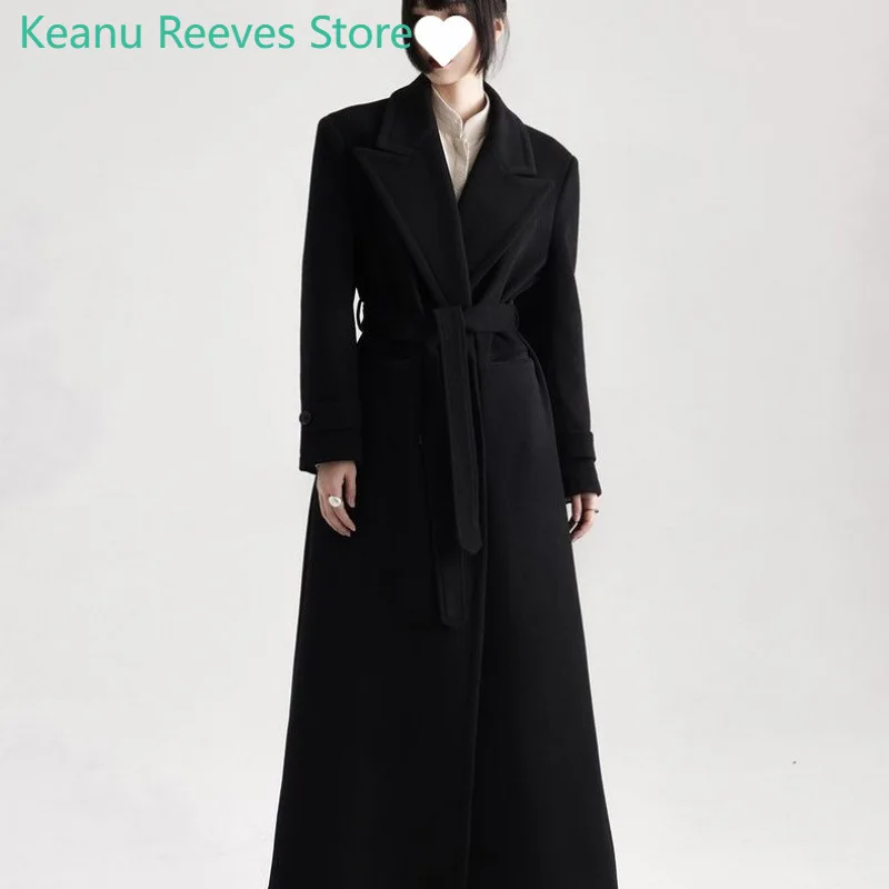 Winter Luxury Extra Long Black Warm Soft Wool & blends Coat for Women High Quality Loose Casual Woolen Overcoat 2025