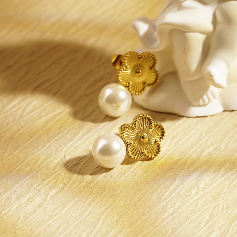 Minimalist Fashion Flower Five Leaf Clover Stainless Steel Stud Earrings Jewelry Wedding Gift For Ladies