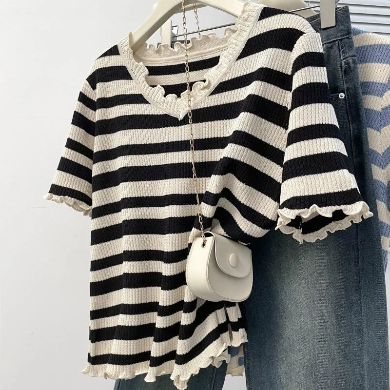 Women Ice Silk Striped V Neck T Shirt Summer Elegant Lace Trim Loose Short Sleeve Blouse Casual Daily Versatile Pullover Tops
