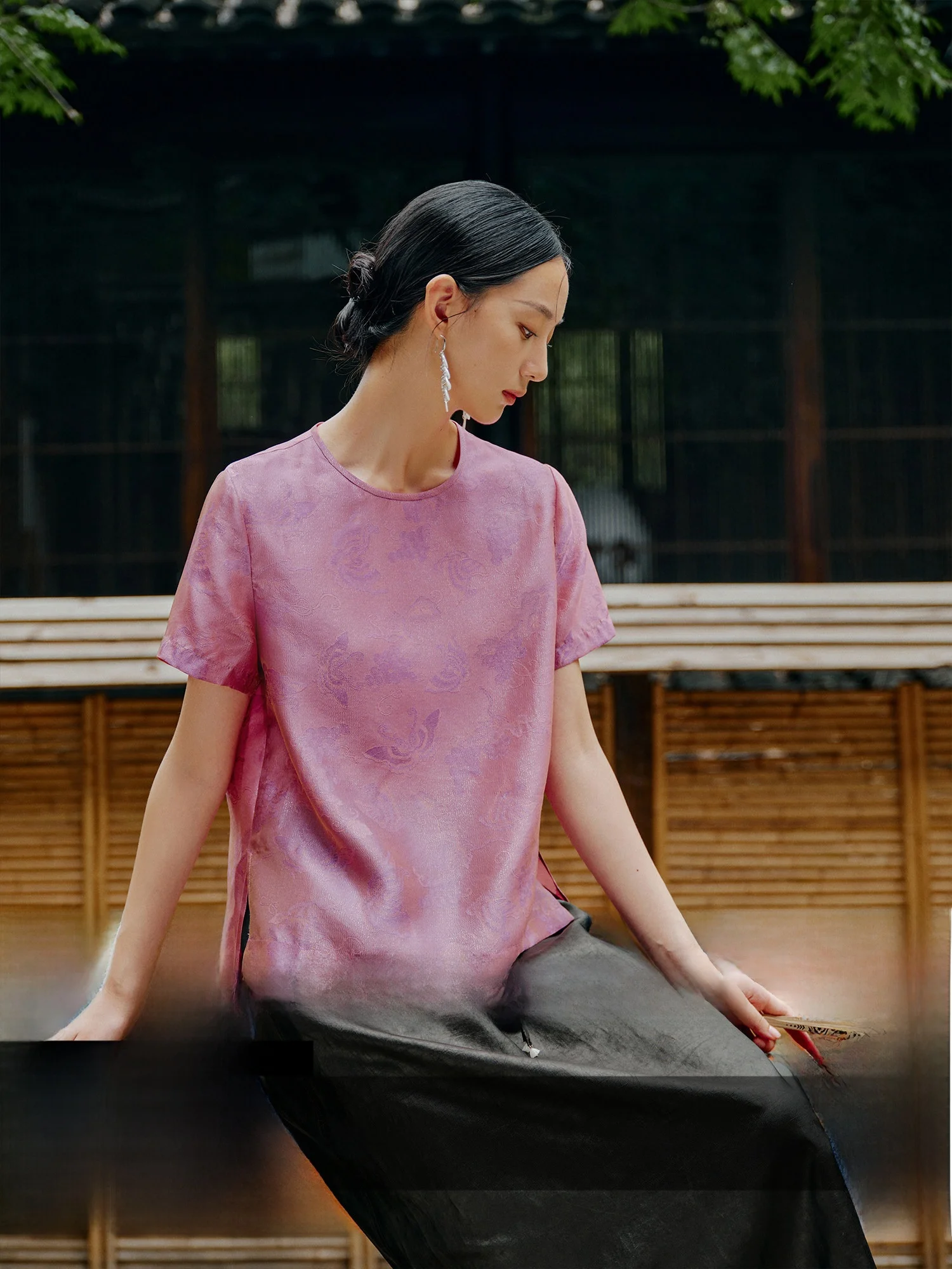 

COKEYA Oriental Beauty Silk Imitation Pearl round Neck Shirt Women's Traditional Chinese Style Loose Fit Short Sleeve Shirt