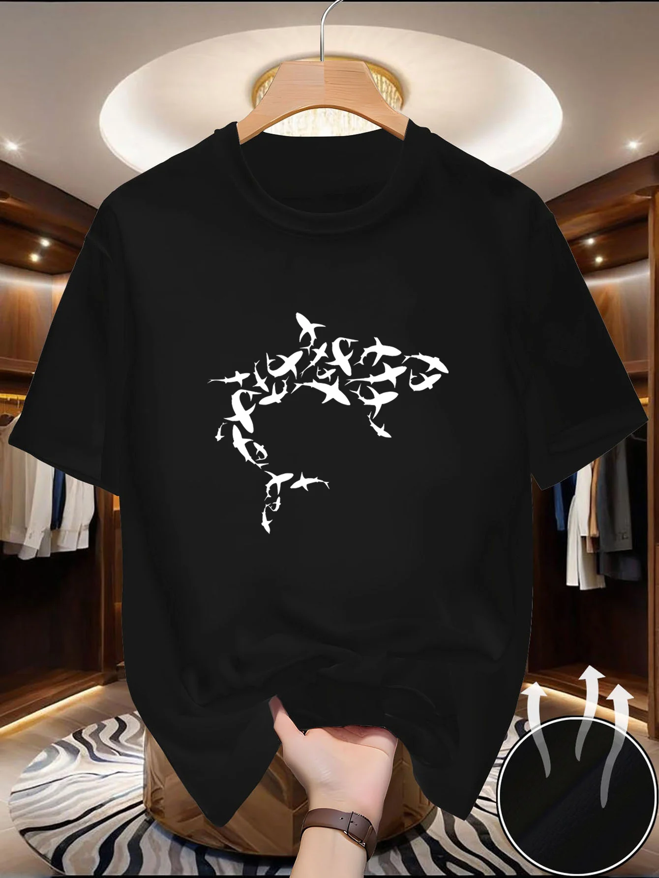 Single men's round-neck short-sleeved T-shirt with high-end texture, thin T-shirt, streamlined design, mixed materials, neat app