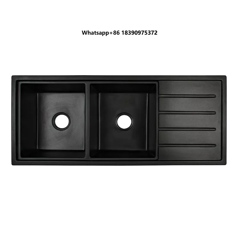 Manufacturer's Kitchen Granite Quartz Double Bowl Sink with Drain Board Square Vegetable Washing Basin with Double Bowl Style