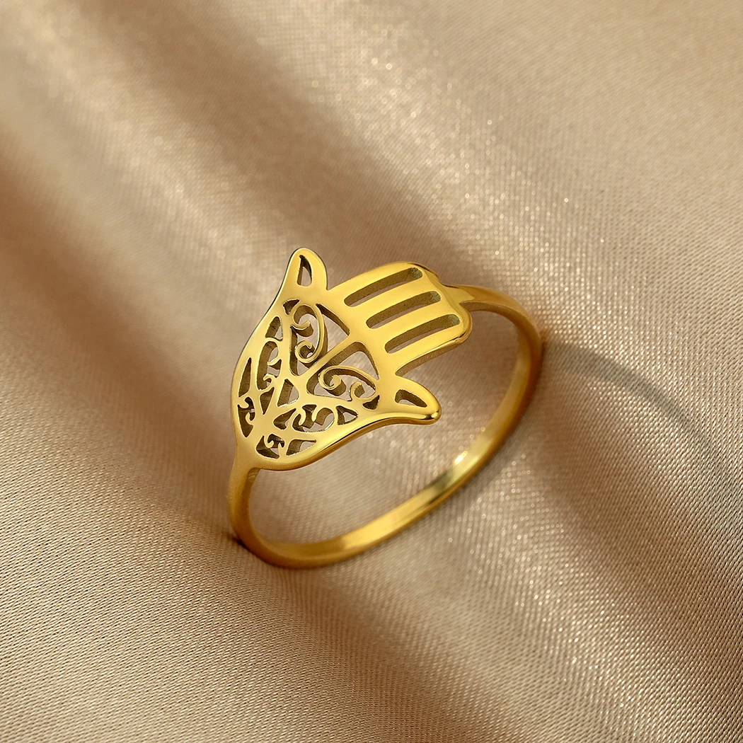 Kinitial Stainless Steel Hand Of Fatima Hamsa Rings For Women Viking Ancient Punk Jewelry Vintage Finger Ring