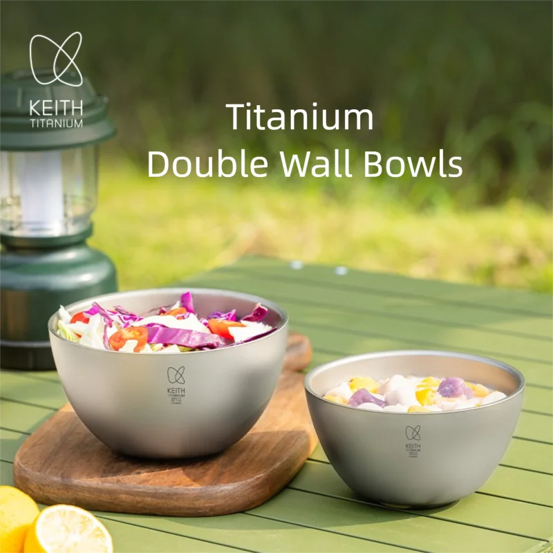 Keith Pure Titanium Double Wall Bowls  Heat Insulated Anti-scald Titanium Camping Bowl  Portable Outdoor Picnic Tableware