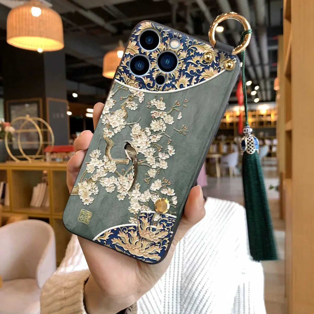 For Embossed Iphone 14 Case Wrist Strap Iphone 15 Pro Chinese Style Flower and Bird 12 Promax Ancient Style 11 Women 13