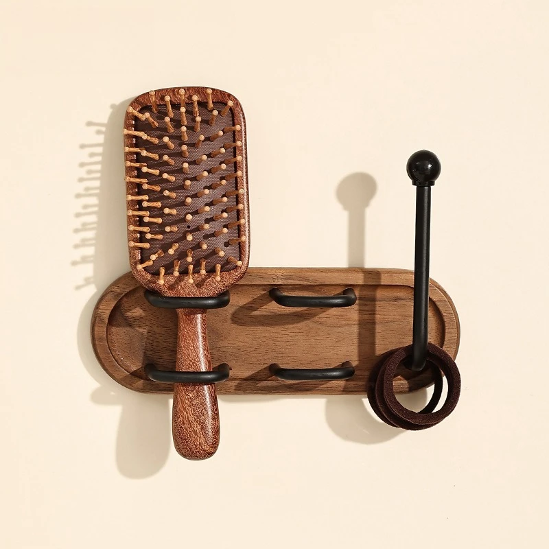Wooden Comb Hair Tie Storage Rack No Drill Wall Mounted Adhesive Hook Bathroom Organizer for Scrunchie Home Bathroom Accessory