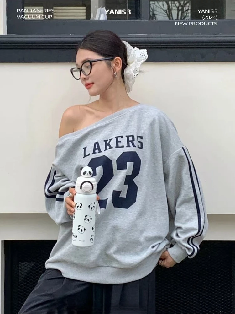 

Американский ретро Y2k толстовки с открытыми плечами женские косой воротник с буквенным принтом уличная одежда с капюшоном большие топы пуловеры с длинными рукавами