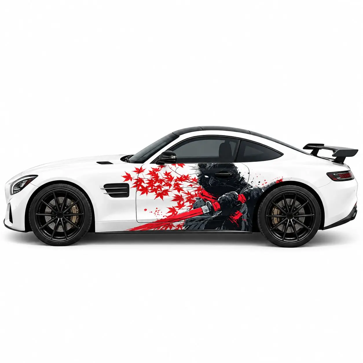 Ninja Samurai Car Side Vinyl Wrap Decal, Red Maple Leaf Design