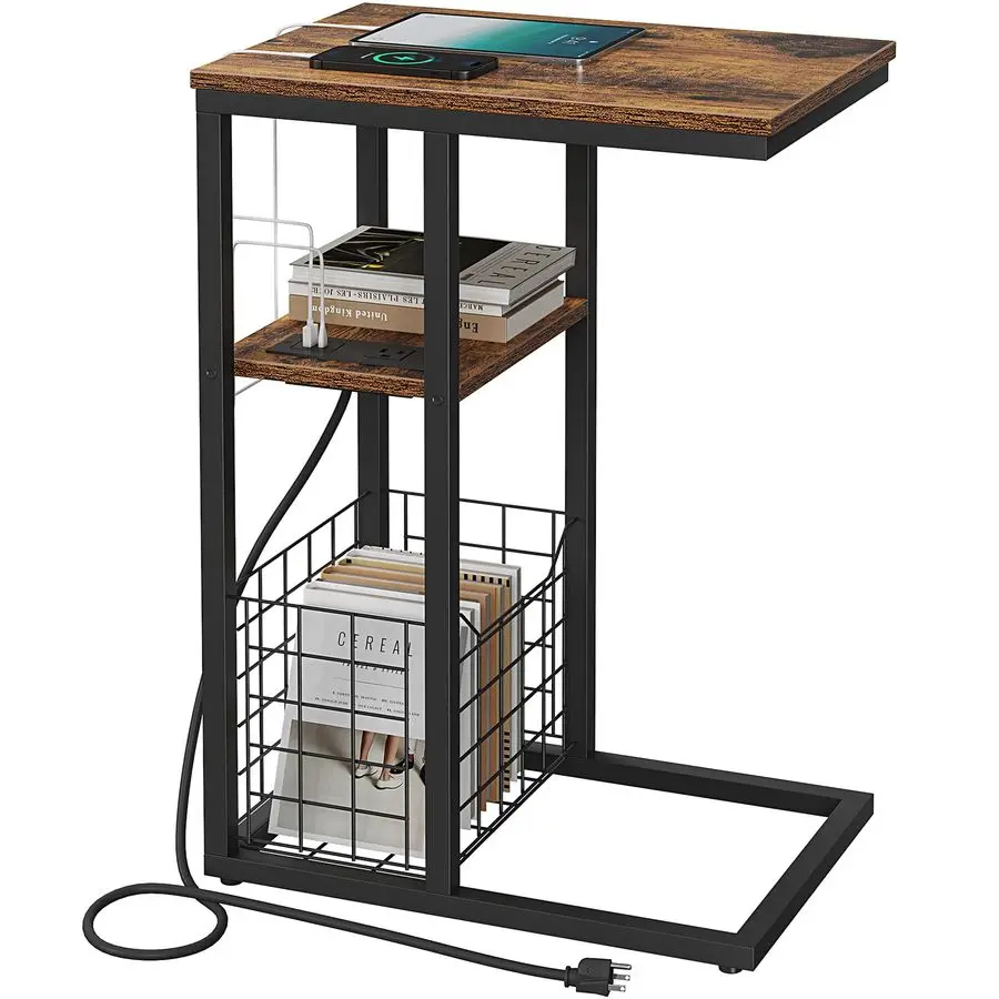 

C Shaped End Table with Charging Station, Side Table for Couch, Small Side End Table for Small Spaces, 28 High Slide Under Sofa
